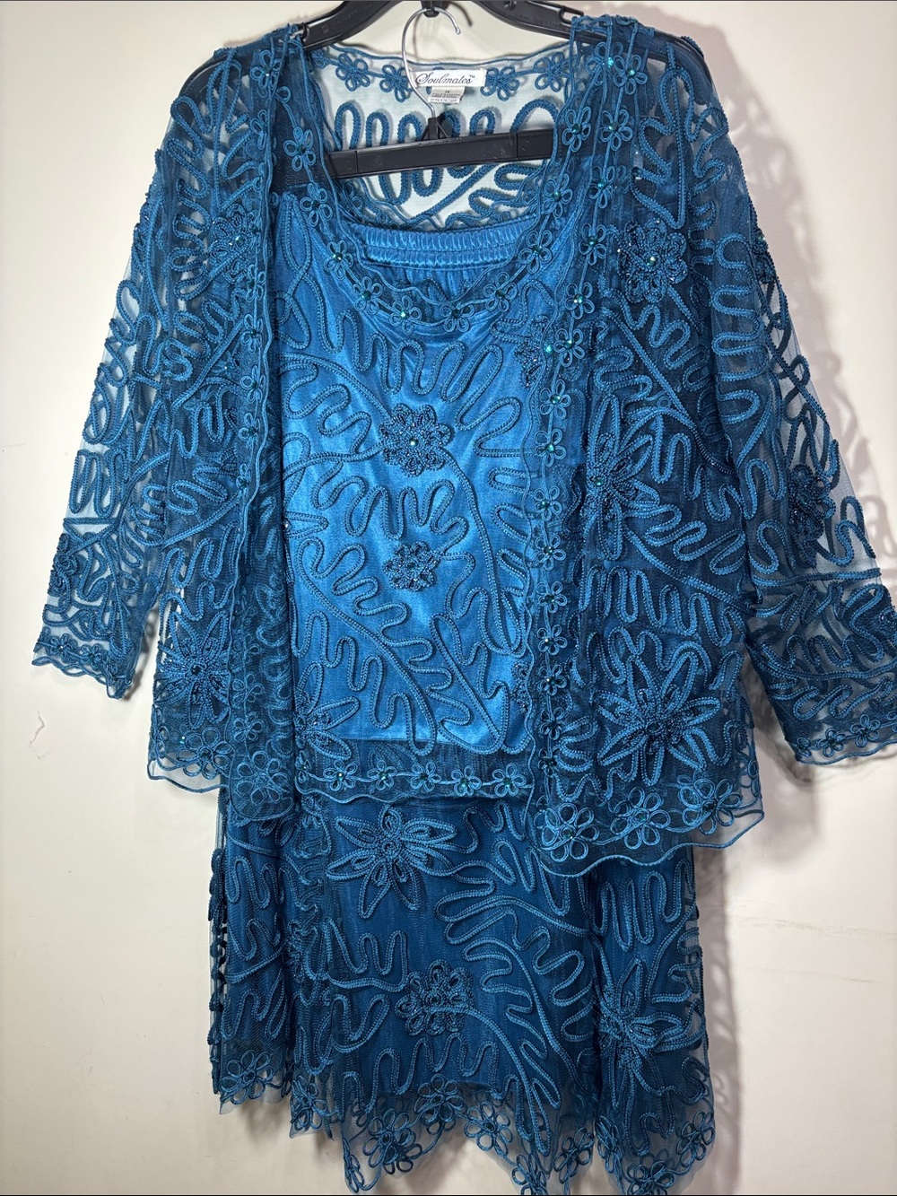 Soulmates Teal Blue Floral Beaded Lace 3-piece skirt suit